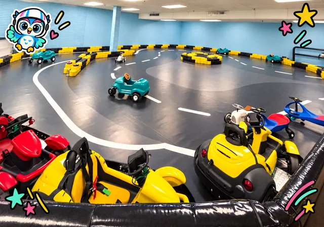 Mini go-karts lined up on the indoor track